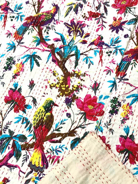 Indian handmade bird print kantha quilt bedspread wholesale price factory rate quilts cotton fabric