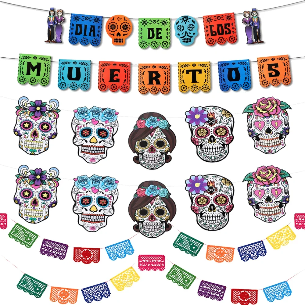Mexican Theme Pattern Carnival Queue Party Decor Party Banner Photo Booth Props Felt Flag Garland Day of The Dead Banner