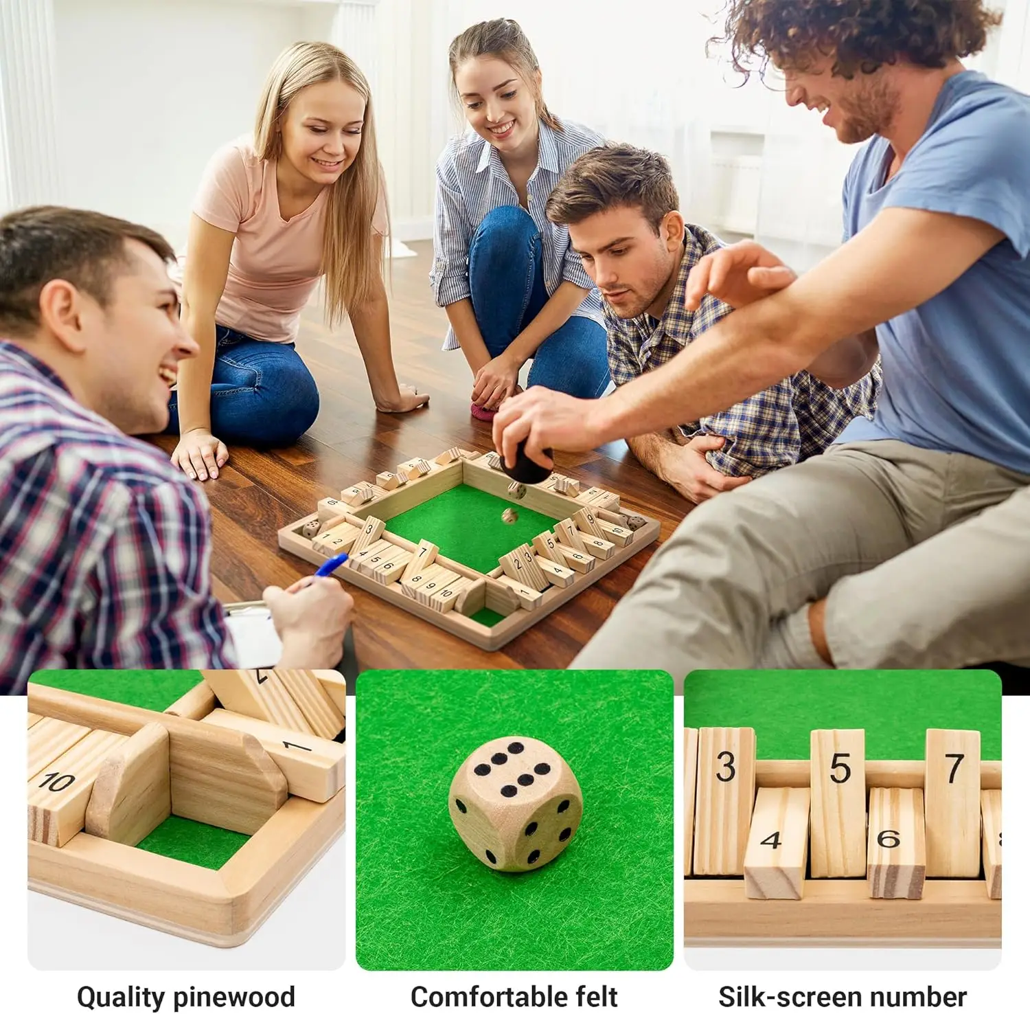 Wooden Shut The Box Game 2-4 Players  12 Inch Large 4 Sided Board with 8 Dice and Rules Fun Addition Game for Kids and Adults