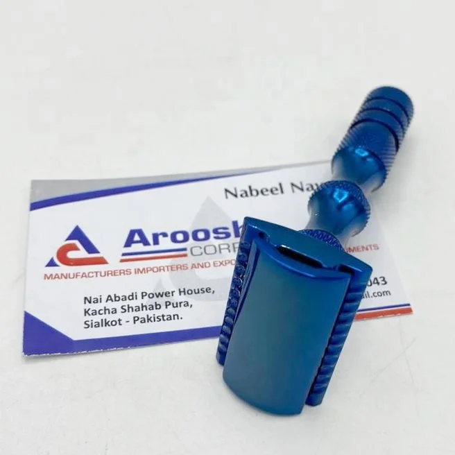 Plasma Blue Titanium Stainless Steel 3 Piece Double Edge Safety Razor For Men Shaving Kit