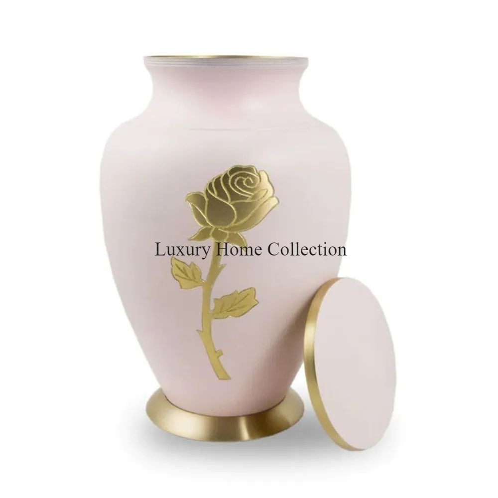 White Color Powder Coated With Golden Inside Ashes Storage Jars Rose Flower Design Engraved Funeral Casket Ashes Storage Jars