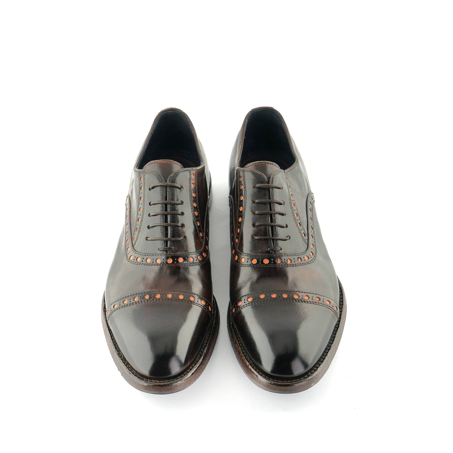 HIGH QUALITY MAN CLASSIC SHOES  DARK BROWN LEATHER, ORANGE BICOLOR LACES, COMFORTABLE MADE IN ITALY