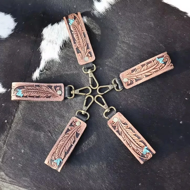 Hand Tooled Leather Keychain Key Straps Leather Wristlet Key Fobs Embossed Floral Print Leather Key Rings