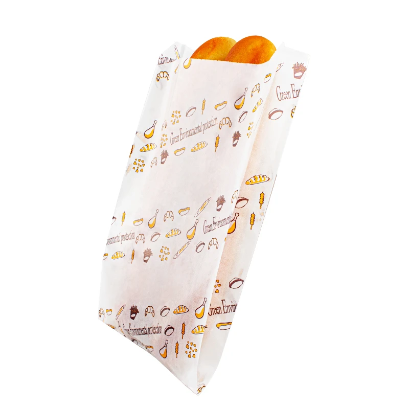 White Kraft Material Grease Proof Burger Bread Baguette Flat Bakery Paper Bag Kitchens Paper Sack Food Carton Flexo Printing