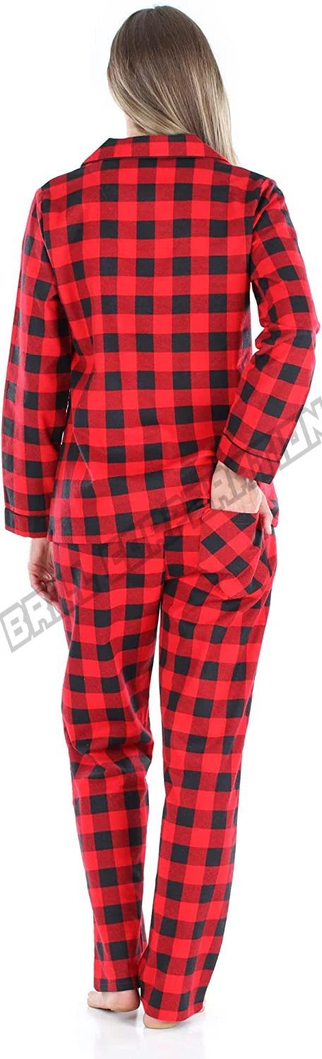 Women Flannel Sleepwear 2 Piece Set | 100% Cotton Plaid Long Sleeve Shirt & Trouser 2 Piece Sleeping Suit Custom Logo
