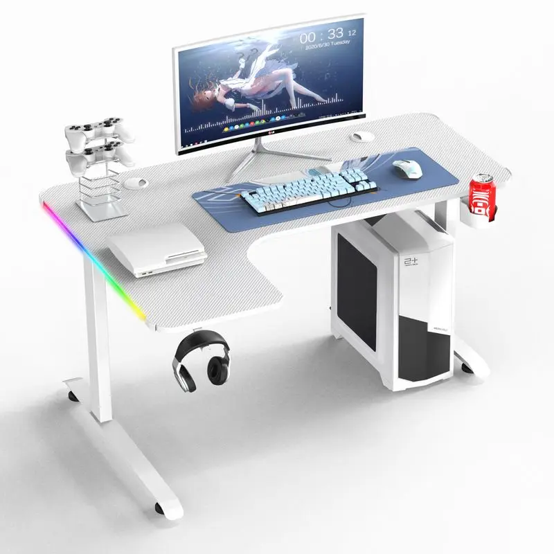 Dragon war L shaped durable 140 160 table length desktop length led rgb light sit standing gaming desk with mouse pad