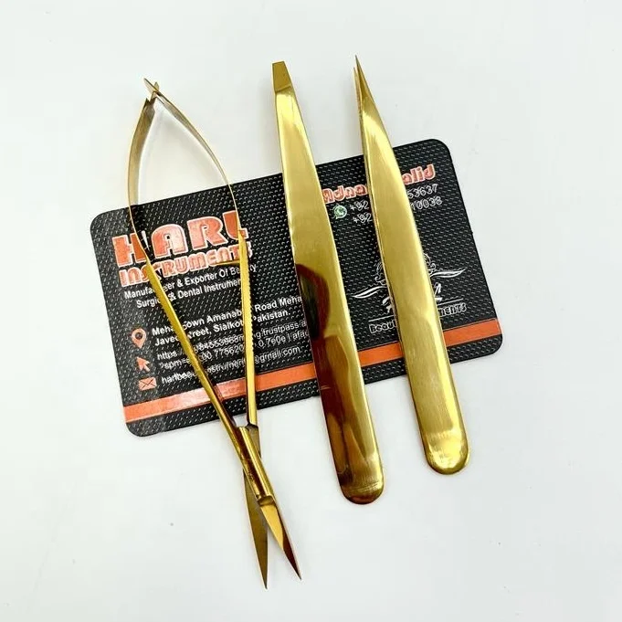Gold Plasma slanted Eye Brow Tweezers and spring scissor Custom Label pointed eyebrow tweezers and eyelash scissor makeup tools
