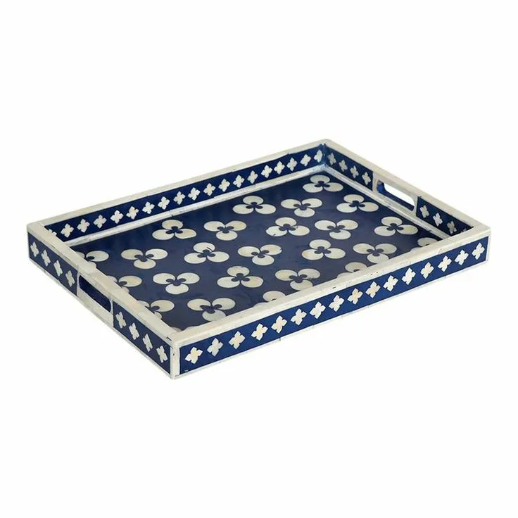 Arabic Style Ramadan Eid Gift Acacia Wood Bone Inlay Rectangular Tray With Black And White Color