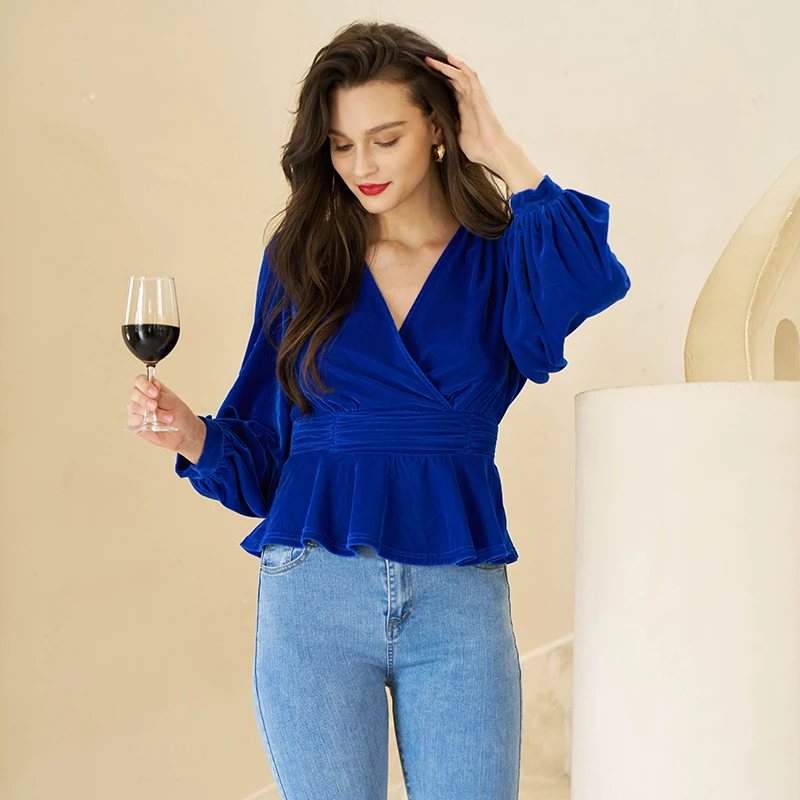 Elegant Women Blue Velvet Top V Neck Wrap Long Sleeve Casual Velvet Blouse For Women