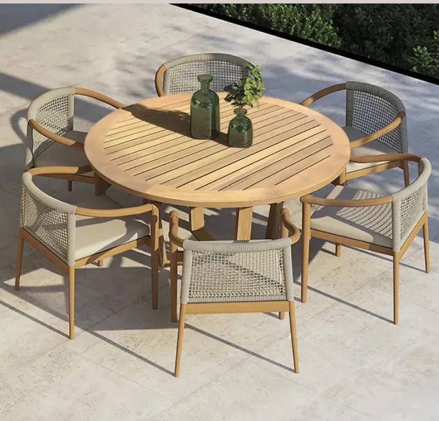 Modern Outdoor Dining Set Furniture with Rope Chair Garden Teak Furniture Solid Teak Wood Dining Table Set Furniture