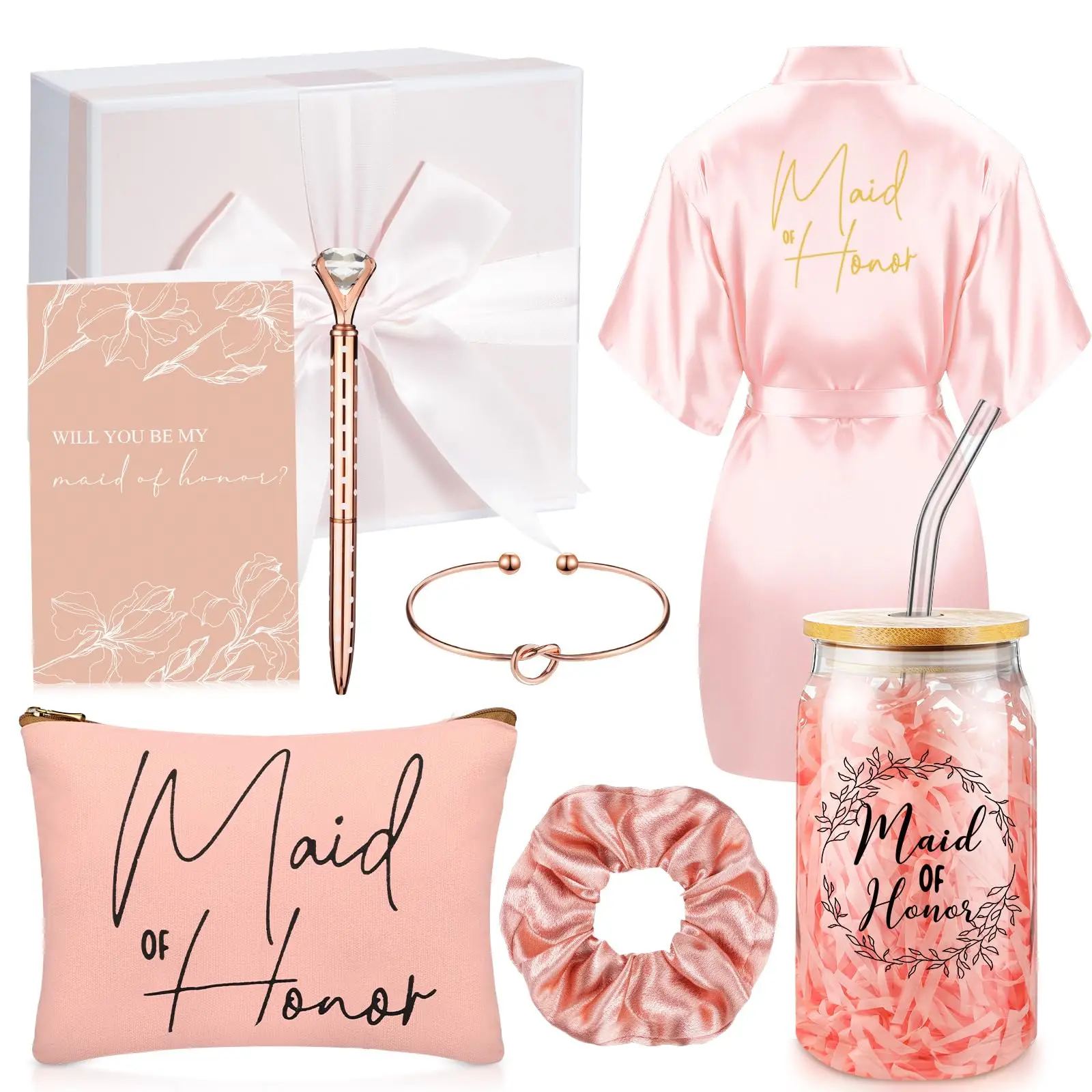 WIDEAL 8 Pcs Bride Gifts Set Robes Makeup Bag Cup Cards Hair Tie Bracelet Diamond Pen Bachelorette Bridal Shower Gift Box