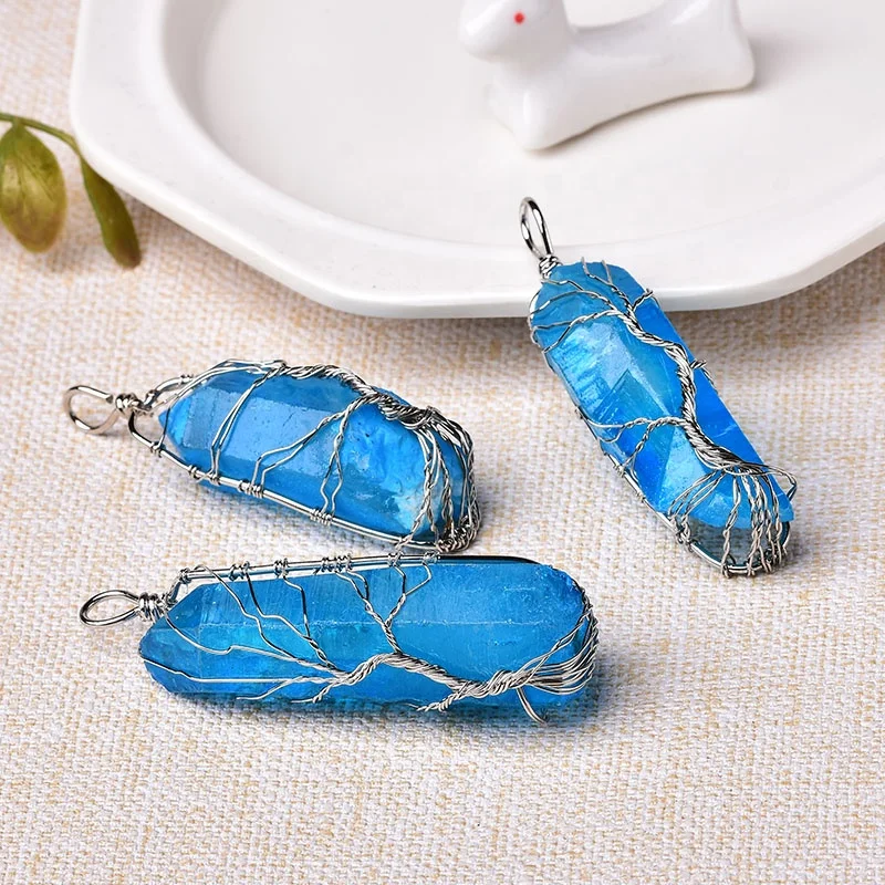 Natural Crystal Stone Pendant Tree Of Life Blue Mineral Fashion Simple Gemstone Jewelry For Men Women Handmade Amulet Necklace Necklace