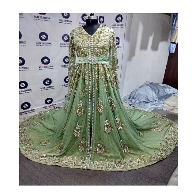 Green crystal beaded wedding Moroccan kaftans 2022 with hand embellishment can be customize in any color and sizes