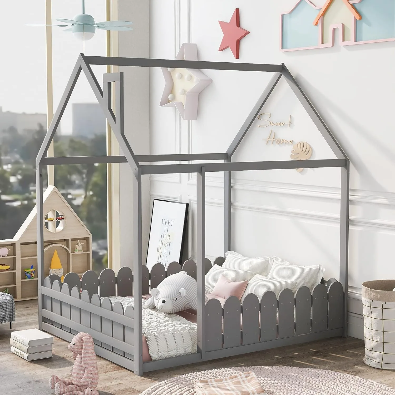 Adorable wooden kid bedroom furniture house shaped children bed sturdy wood toddler frame beds