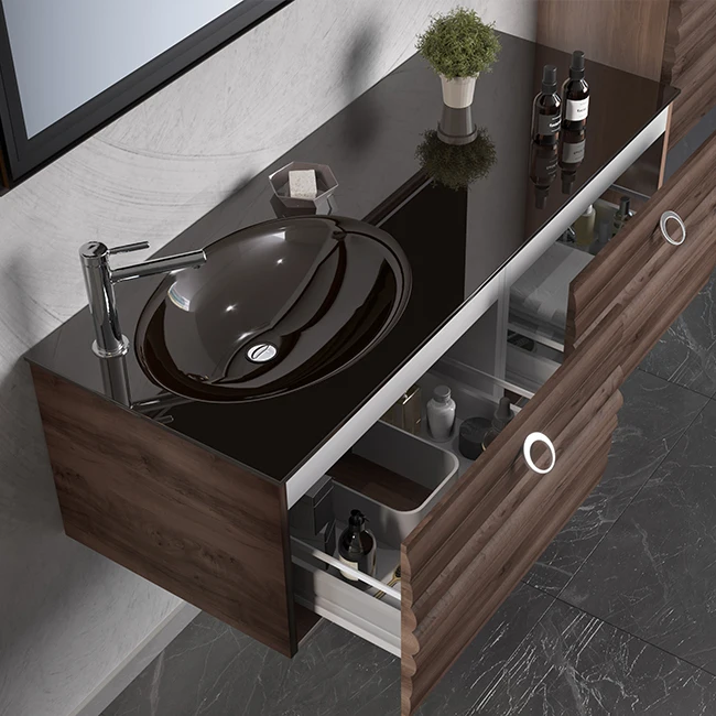 Anzer 120 Walnut Modular Bathroom Furniture Set with Coffee Glass Vanity and Eco-Framed Mirror