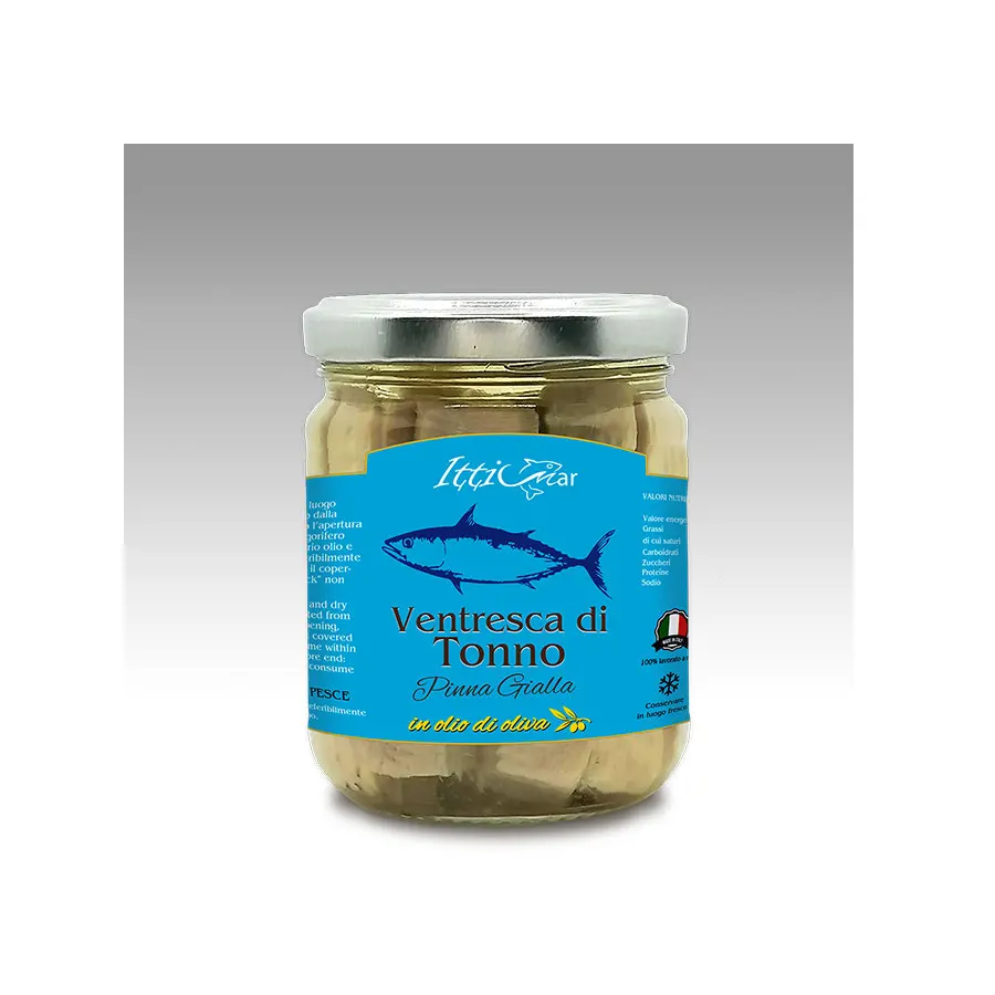 Best Sales 100% Yellow Fin Tuna Belly Handmade Salt Preserved and Canned in Olive Oil 200g Glass Jar Handmade Tuna Processing