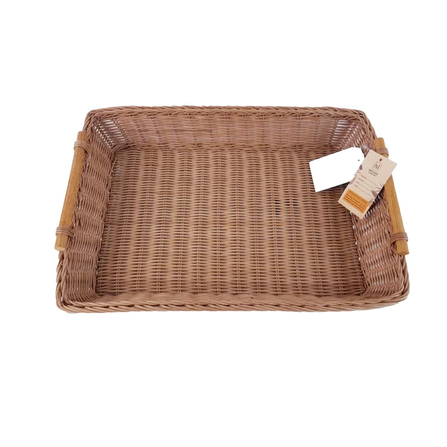 Eco Friendly Product New Design Home Decor Display Tray Hand Woven Wicker Rectangle Rattan Storage Basket With Handle
