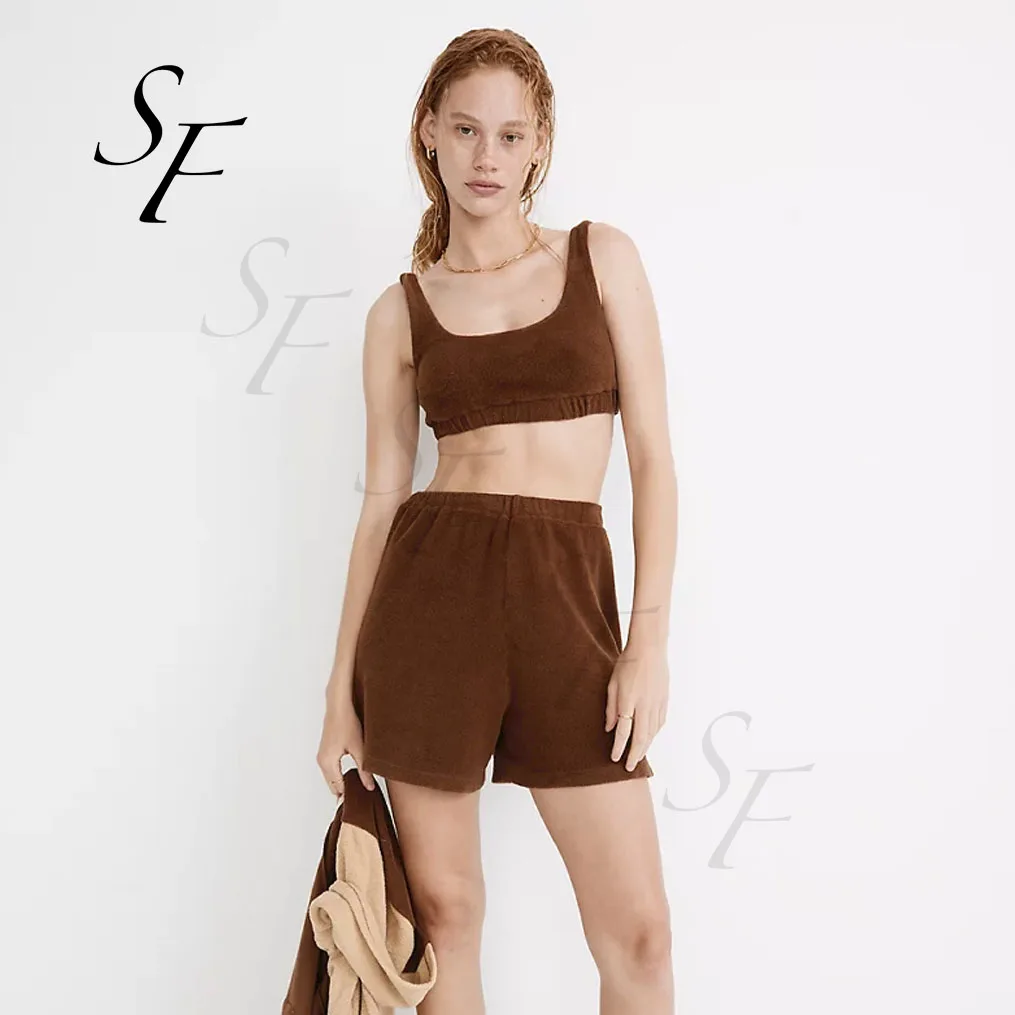 Custom Summer Terry Towel Roll Sweartshorts and Sporty Bra Top casual beach home loungwear 2 piece shorts set