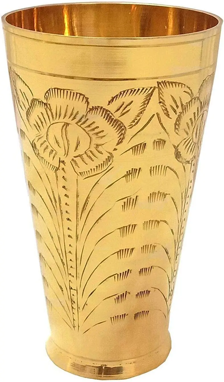 Wholesale Indian Pack of 2  Brass Punjabi Lassi Glass Floral Carving Tumbler Cup Water Glass (700-800 ml Each Approx.)