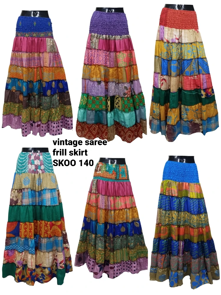 Indian boho vintage style casual silk and saree long frill skirt modern designs and fancy style boho frill saree skirt