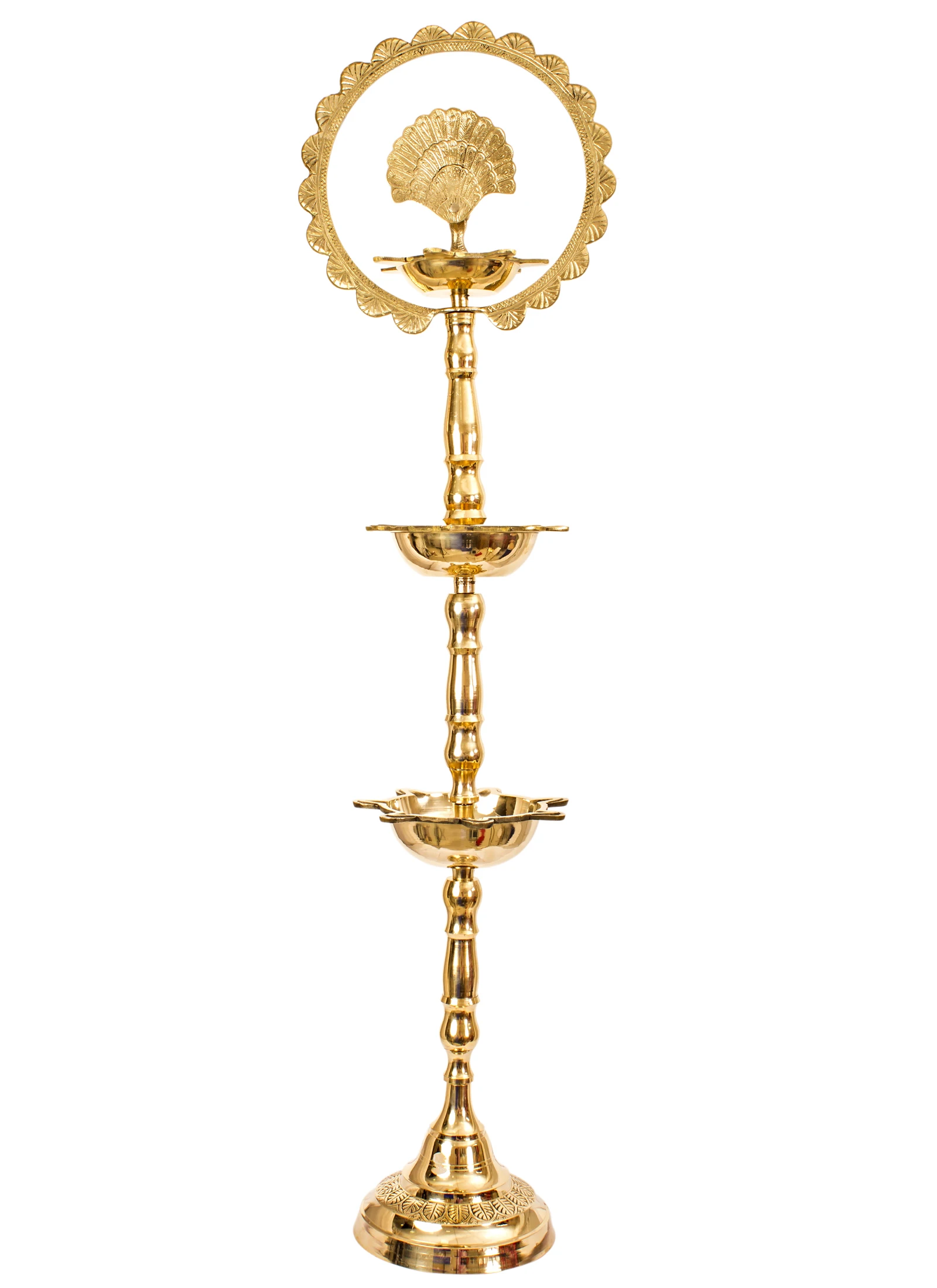 Indian Art Villa Pure Brass Oil Lamp Stand/Pillar 3 Step Diya/Deepak/Lamp/Lantern With Peacock Design, Pooja, Home Decor