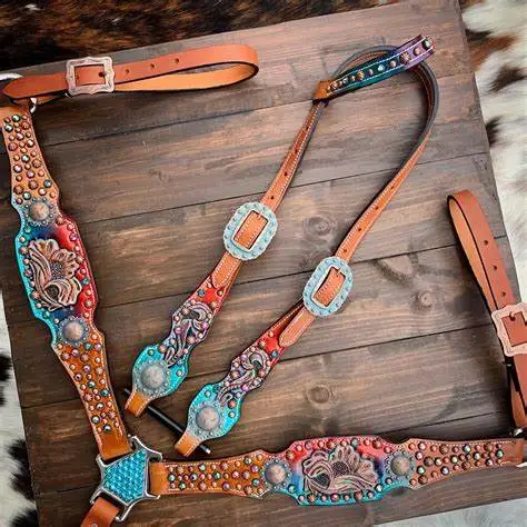 New Beautiful Tooled Horse Tack Set Headstall Breast plate Genuine Leather lightweight Seasonal Horse Ridding Equipments