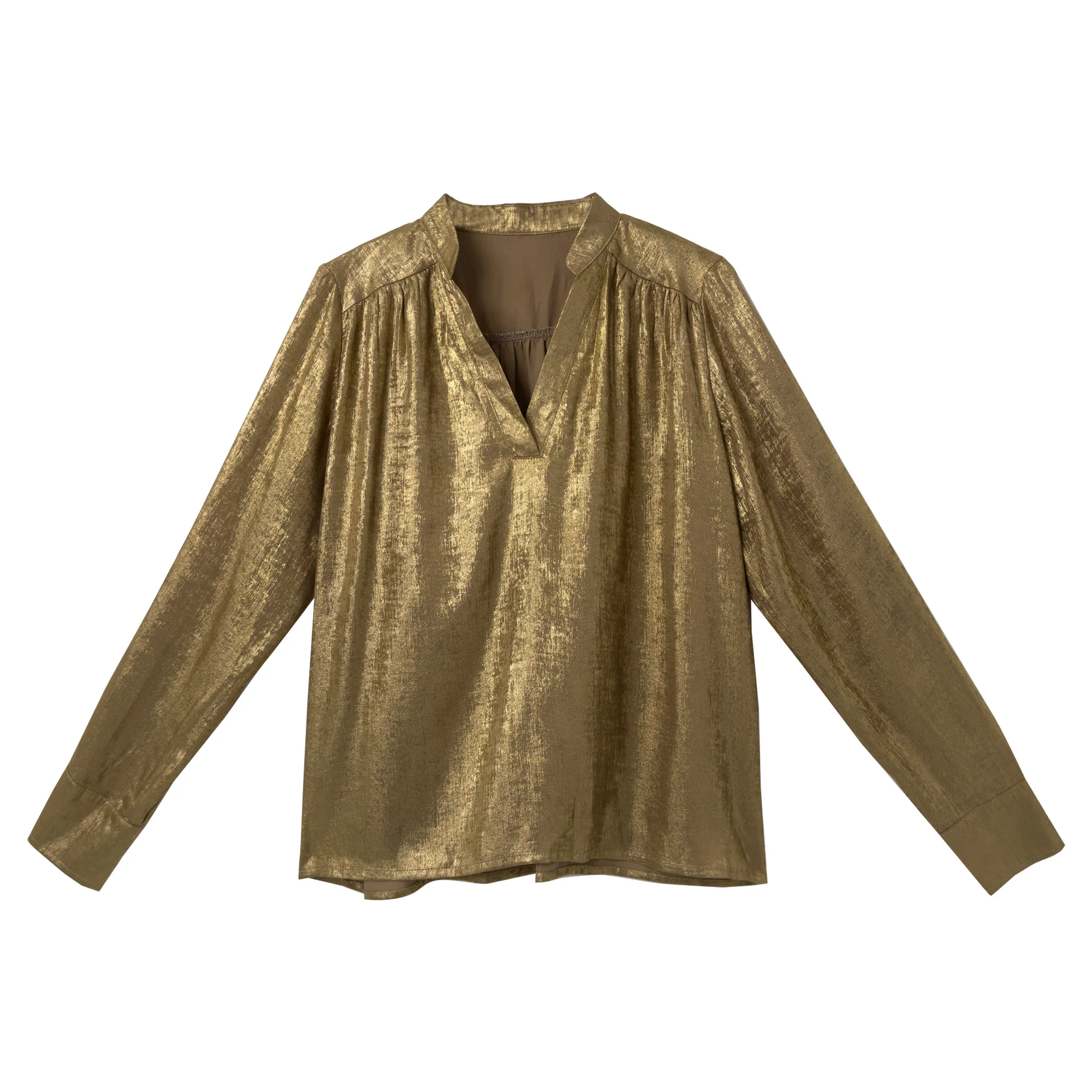 Женская рубашка с золотым штампом 2024 Осенняя Роскошная Рождественская одежда блузка длинным рукавом и V-образным вырезом Повседневная Золотая