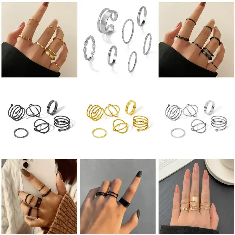 Metal Gold Color Rings Set Trendy Green Crystal Stone Ring For Women Fashion Bohemian silver Color Animal Snake Rings Jewelry
