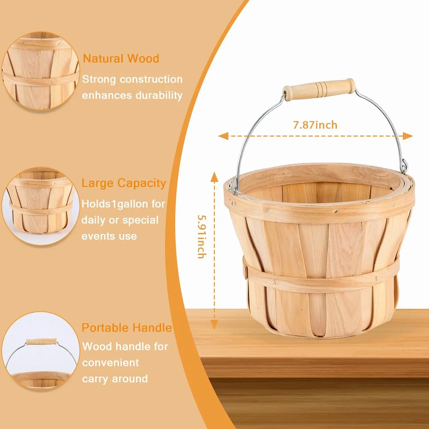 Round Wooden Baskets with Handle Easter Egg Gathering Baskets Natural Rustic Wood Fruit Buckets 4-Quart Farm Harvest Basket,