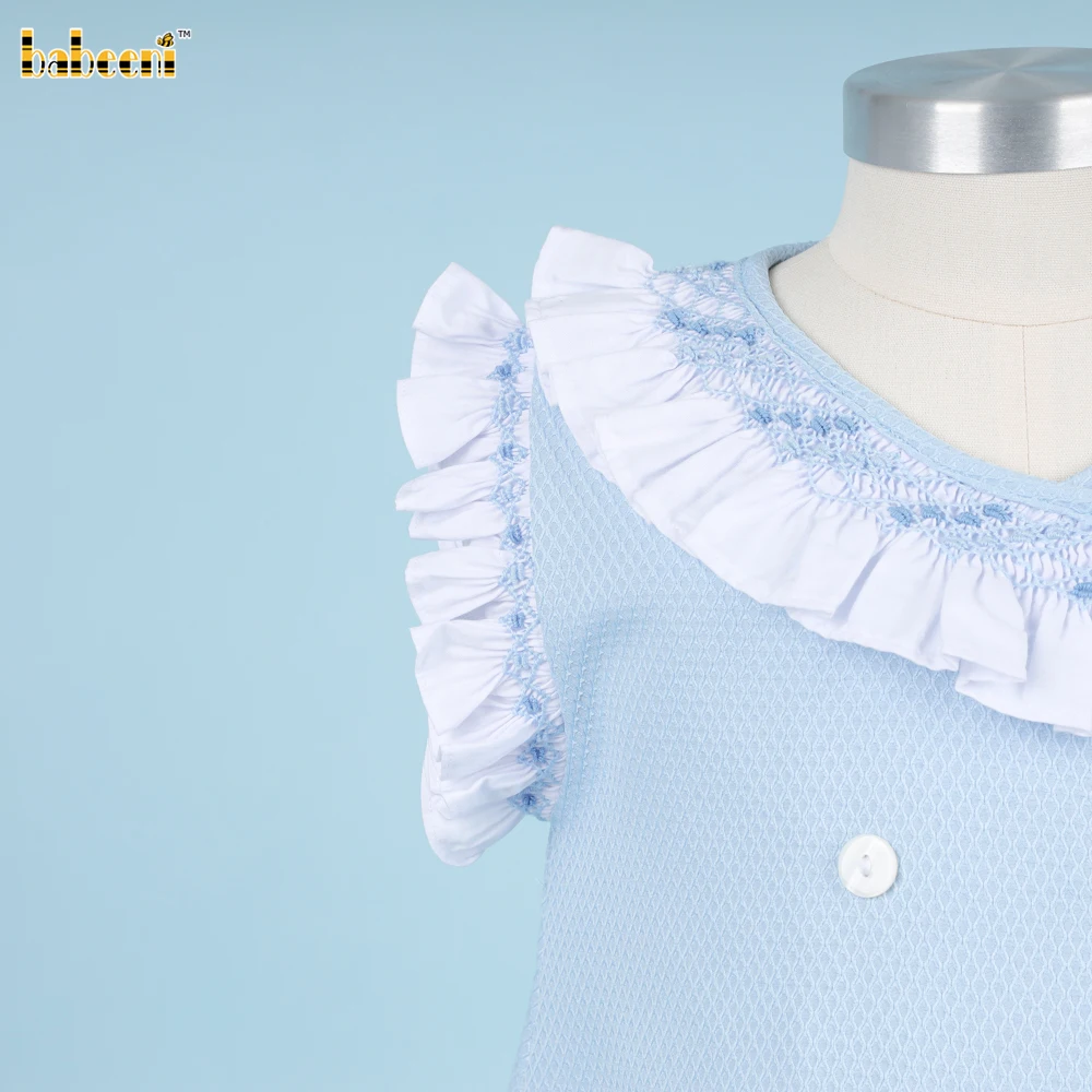 Girl Geometric Smocked Dress In Blue OEM ODM kids smocked baby dress smocked girl dress kids clothing wholesale - DR3802