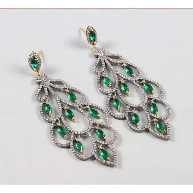 925 Sterling Silver Dangle Earring White Topaz Gemstone Vintage Jewelry Pave Setting Black Oxidized