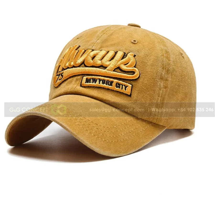 Custom Designer 3d Embroidery Vintage Cap Baseball 6 Panel Washed Cotton Yellow Baseball Cap