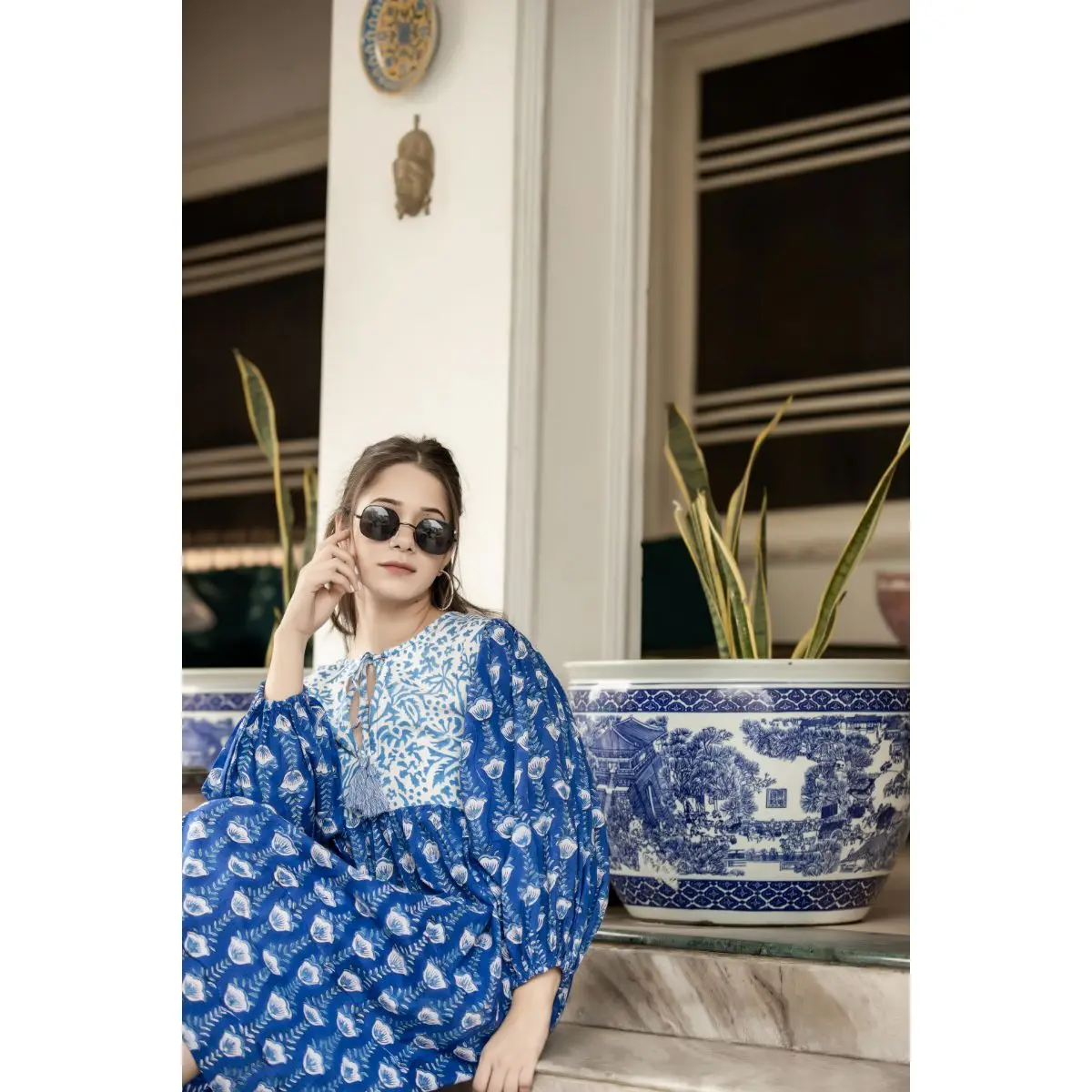 Blue And White Hand Block Printed Beautiful Cotton Women Dress Floral Beach Wear Light Weight Dress