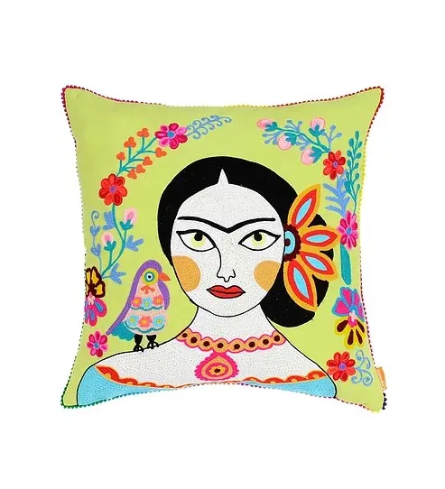 Frida Kahlo Inspired Green Crewel Hand Embroidered Cotton Cushion Cover Wholesale Indian Decorative Living Room Pillowcase
