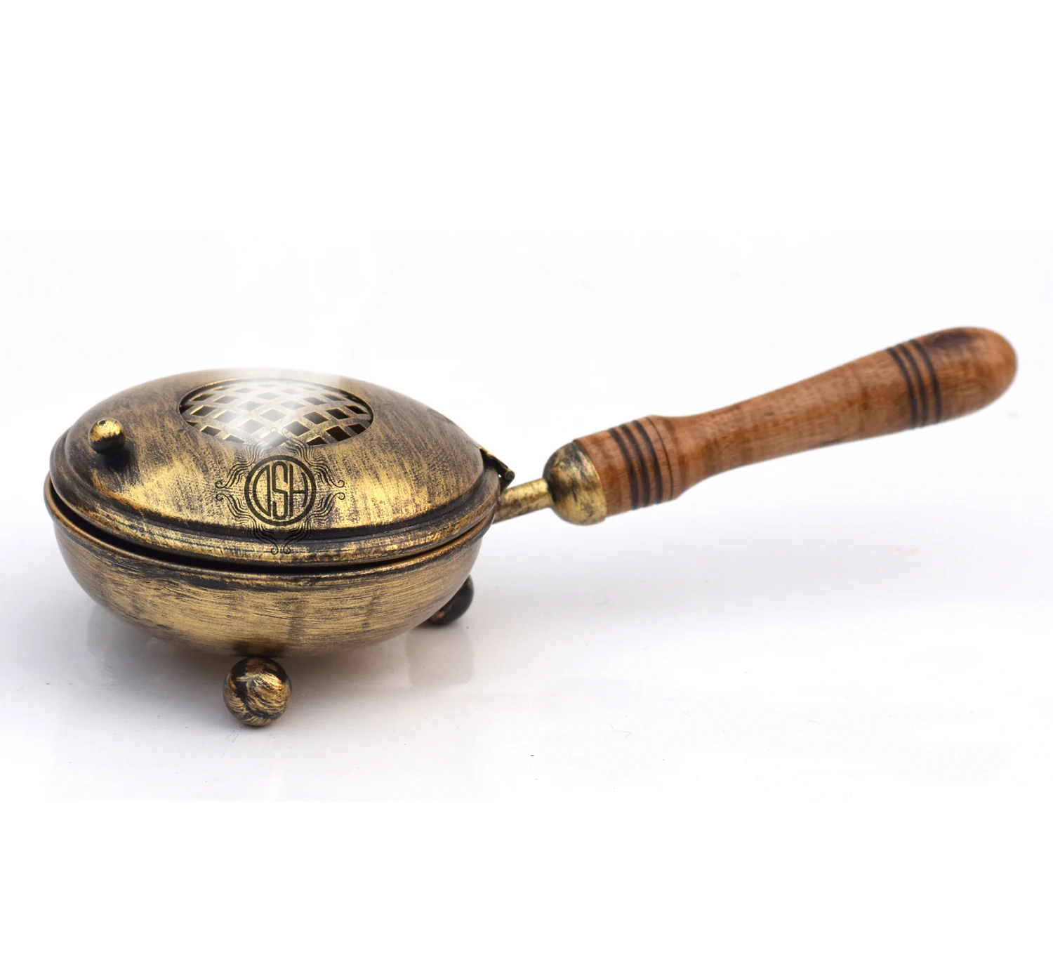 Best Quality Brass Incense Burner with Antique Finish Wooden Handle New round Shaped Aromatherapy Holder for Tea Lavender Scent