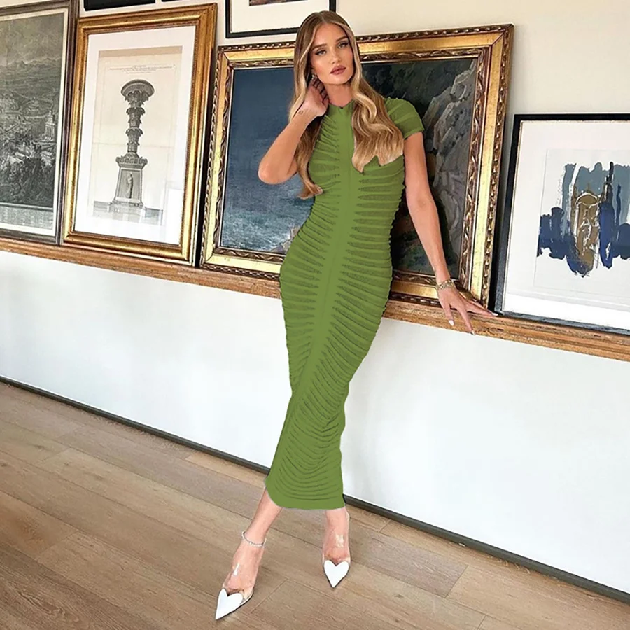 Kliou W23D34607 Summer Women Knitted Maxi Dress Hipster Striped Ruched Short Sleeve Sheer Body-shaping Slim Dress