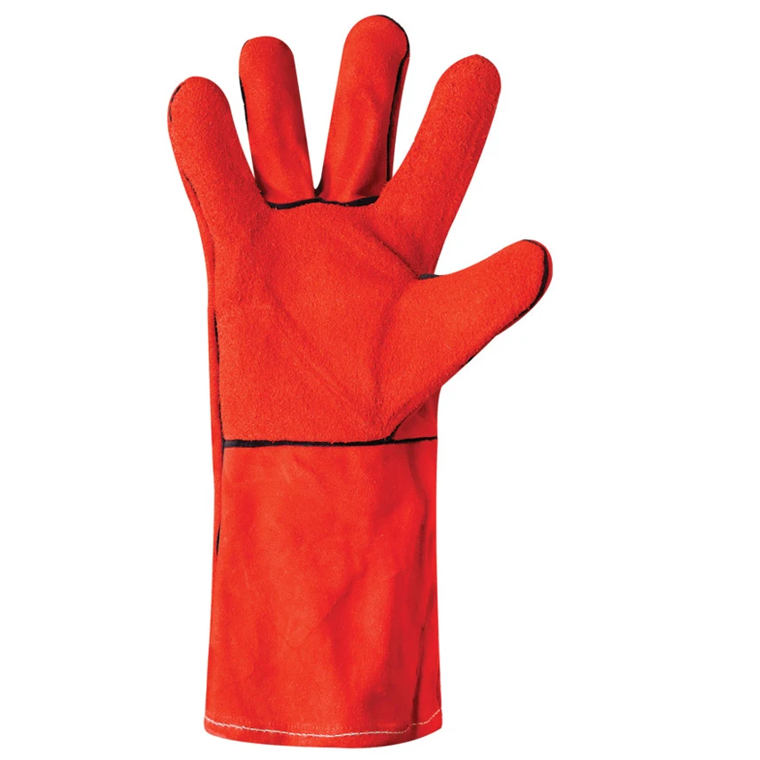 Custom made black piping red welding gloves/Cheap price cow split leather AB grade 14 inch welding gloves wholesale