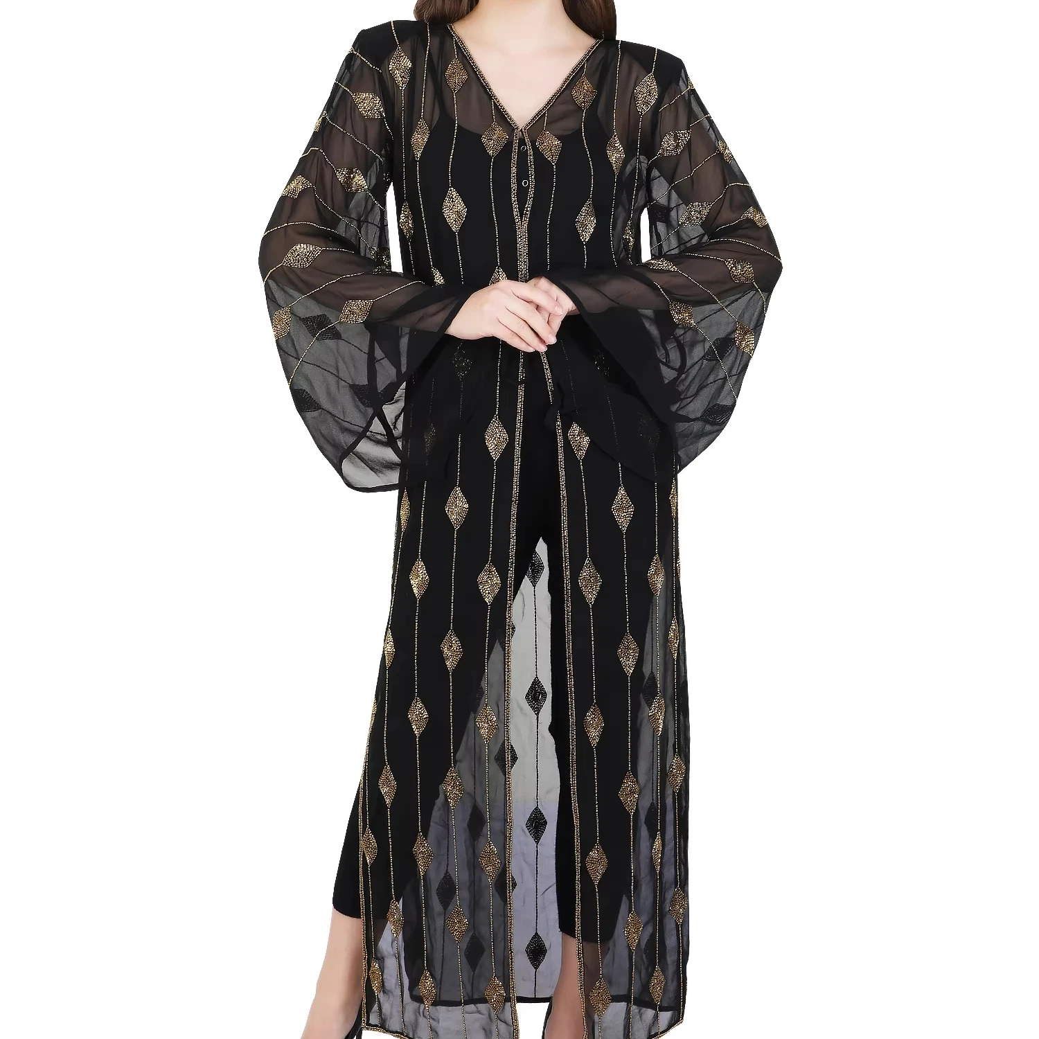 Deluxe Handcrafted Abaya with Intricate Detailing New Arabian Style Long Georgette Abaya Kaftan Front Cover Coat Party Cub Wear