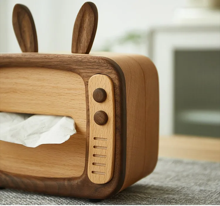 Creative Cute TV-shaped Wooden Tissue Napkin Paper Storage Box Holder for Desktop Living Room and Home