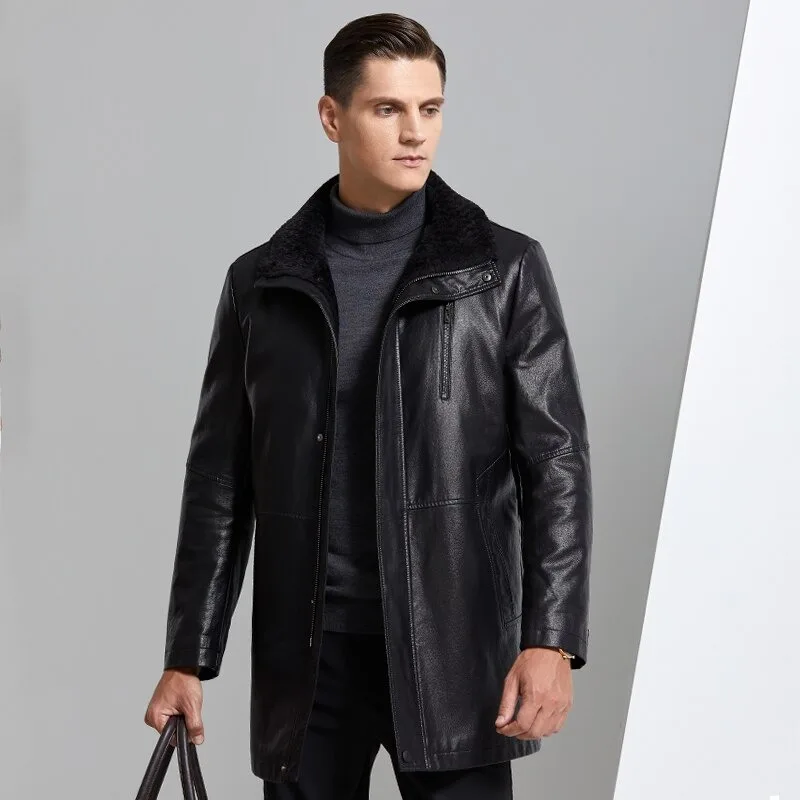 Fur Integrated Men Leather Jacket Mid-length Thickened Natural Sheepskin Lapel Home Casual Jacket Factory Direct Sales