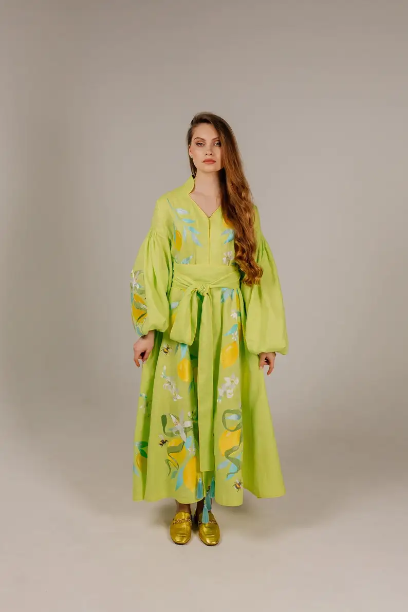 2024 Hot Selling Bohemian Casual Floral Embroidered Work Womens Vyshyvanka Deep V-neck Long Sleeve Sexy Linen Ukrainian Dress