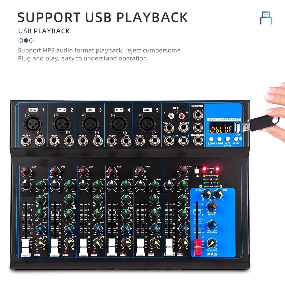 F7 Профессиональный 7 канальный микшер синий зуб USB реверберации дома KTV для выступлений на сцене в прямом эфире песен и звука усилитель