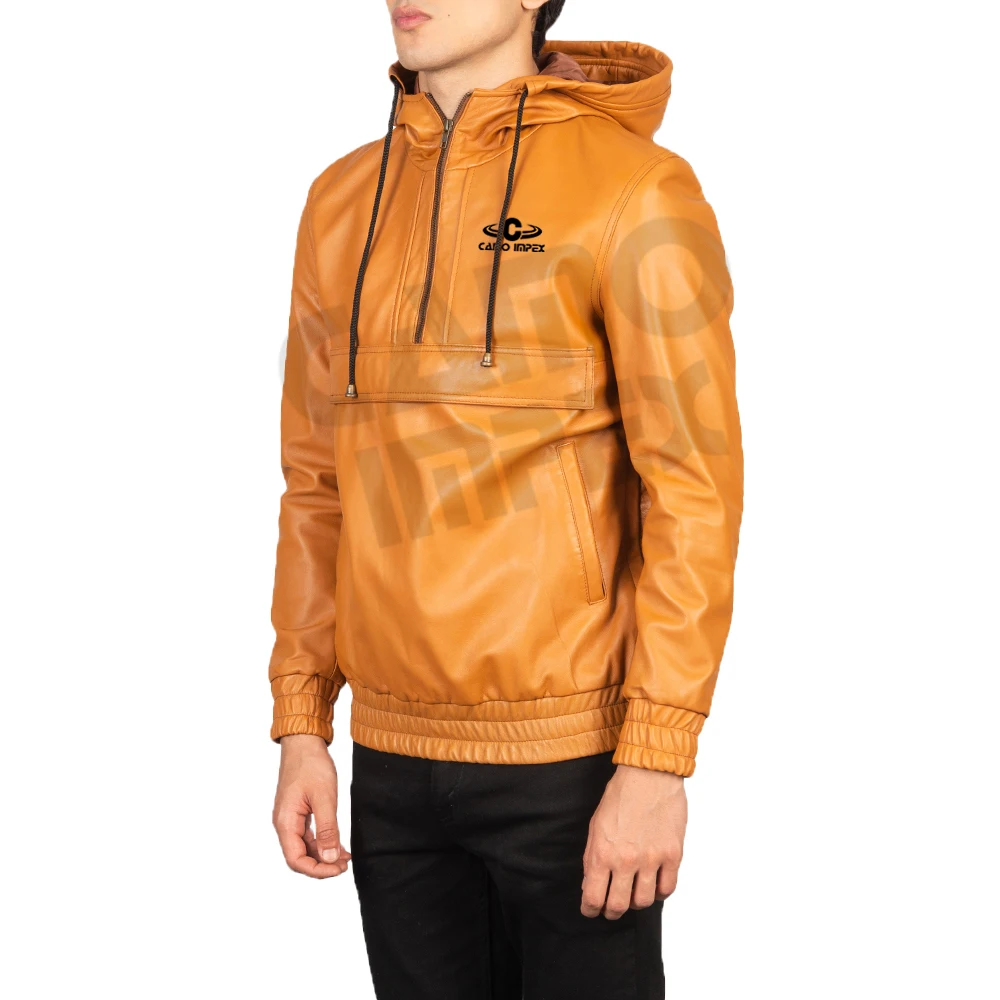 Mens  Real Leather Sheepskin Semi Aniline Polyester Lining Hooded Collar Kenton Hooded Tan Brown Color Leather Pullover Jackets