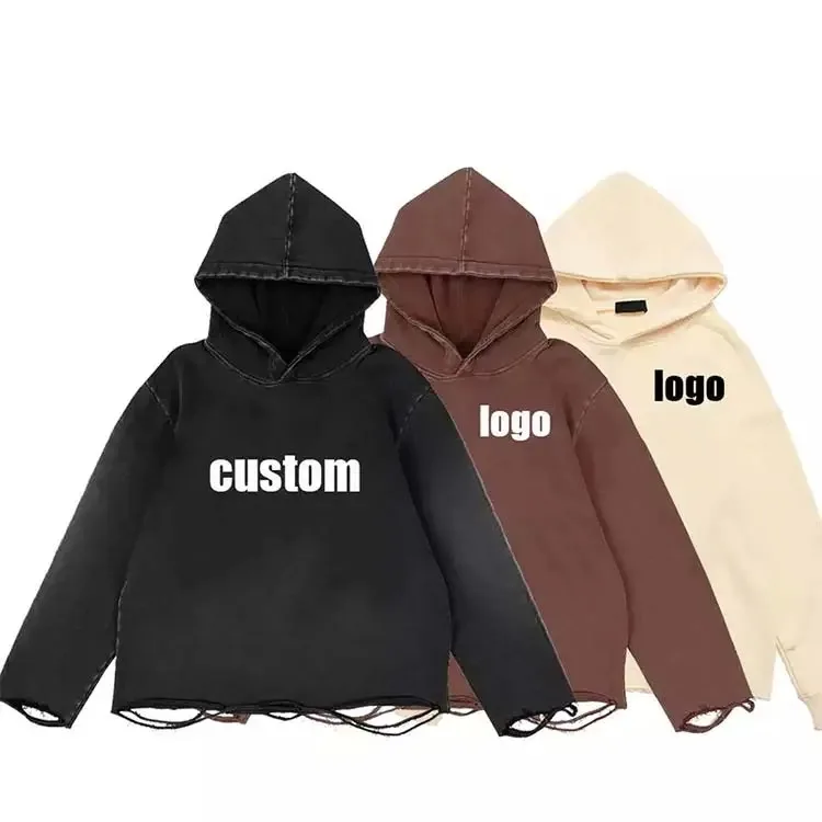 Comfortable Drawings Custom Raw Hem Hoodie Men Fashion Trendy Casual  Long Sleeve Cut  Drawstring Cut Edge Custom Raw Hem