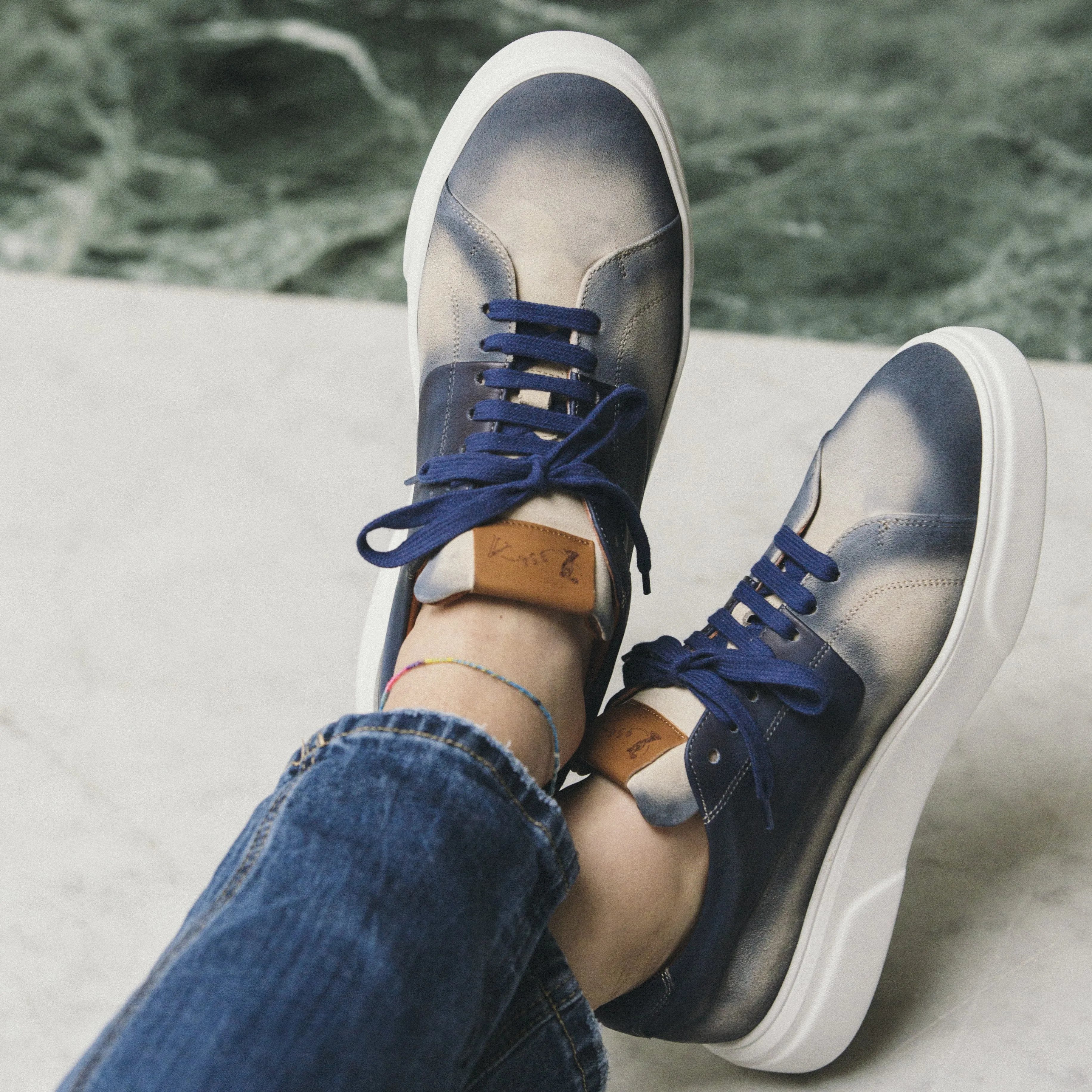 Mens Sneakers in soft brushed suede and leather details in blue with white rubber cupsole for casual but sophisticated look