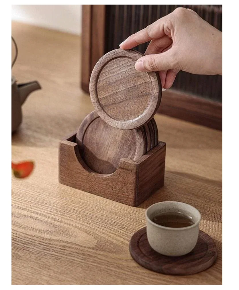 Custom Beverage Coffee Blank Pallet Cup Mat Tea Cup Coaster Set of 7 Pcs With Holder Coaster For Drink Round Acacia Wood Coaster