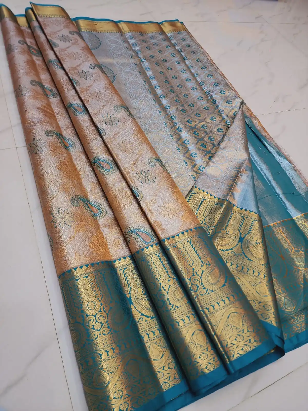 100% kanchipuram semi pure pattu tissue type Silk Saree Copper Gold Thread Weaving Party Wear Traditional Saree