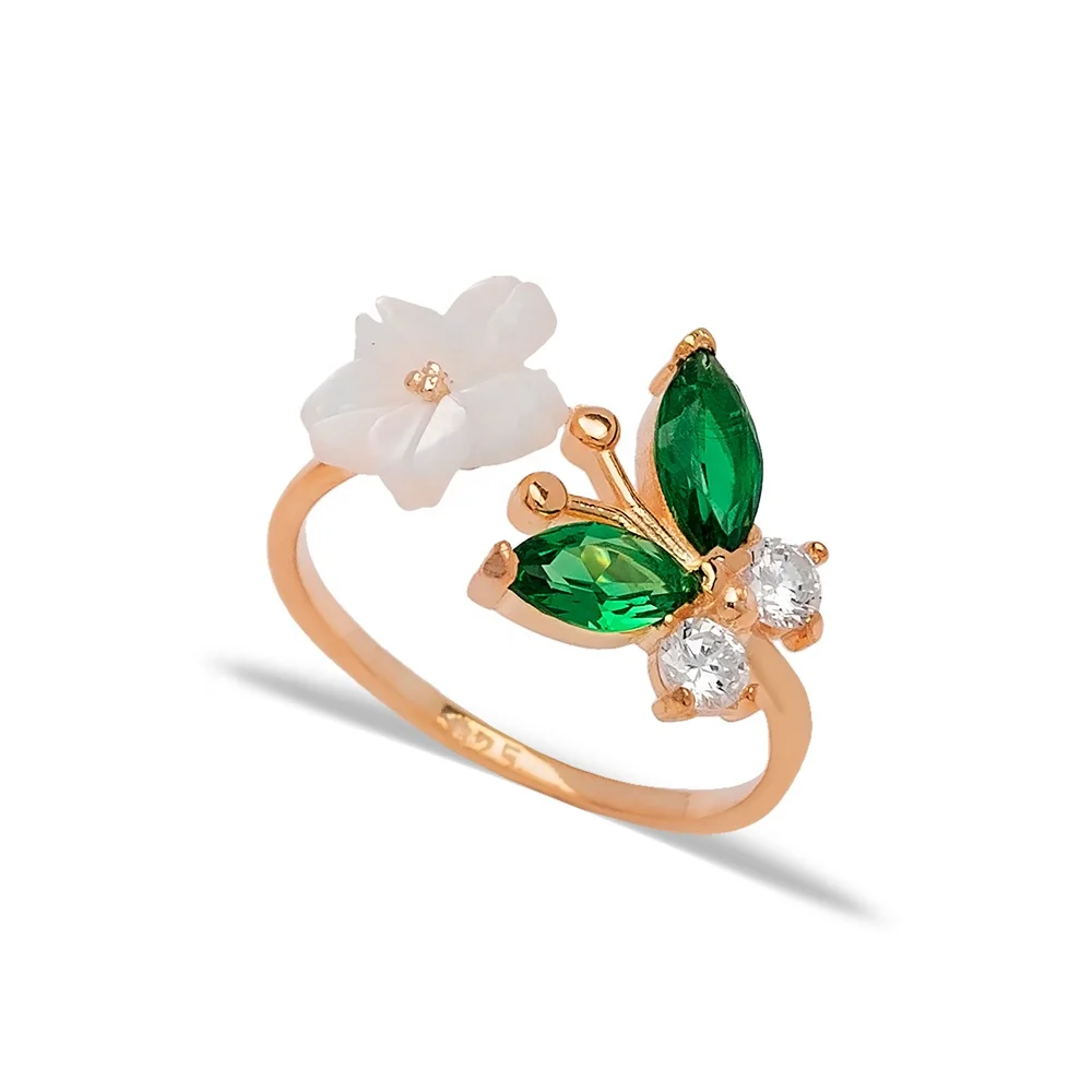 Fresh Trend Women Ring Butterfly Flower Design Emerald Adjustable Ring Turkish Silver Jewelry Fine Jewellery