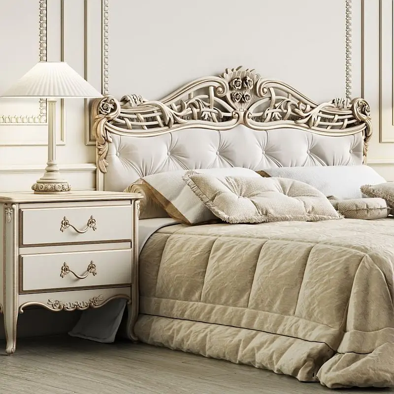 Elegant Style Bed Made Solid Wood With High Quality Bed French Style cream color For Bedroom Furniture