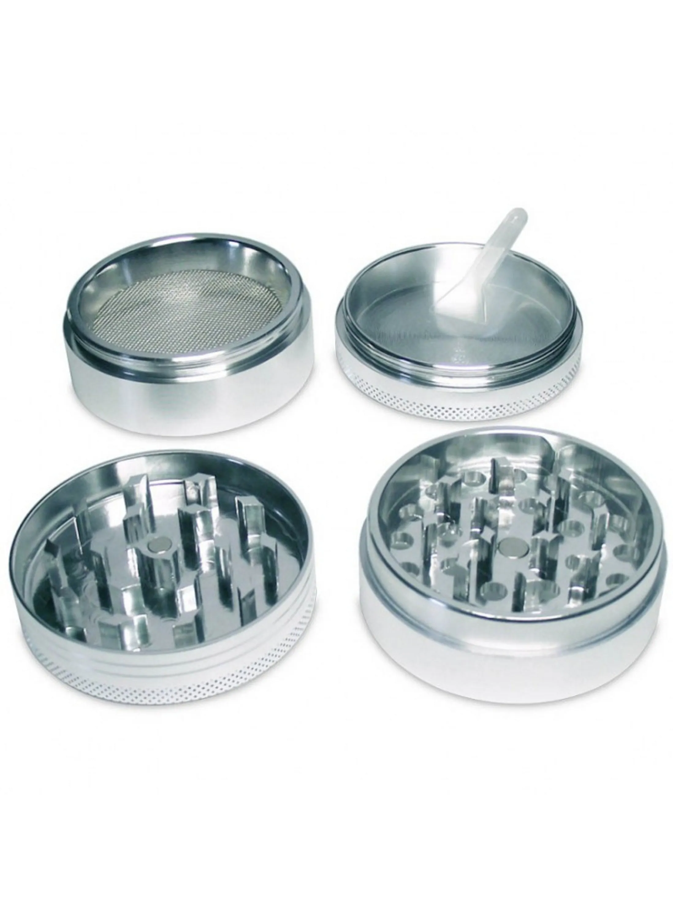 Aluminium CNC Herb Grinder 50mm 4-Part Silver Crusher Diamond Shaped Teeth for Smooth Grinding Experience Manufacturer India